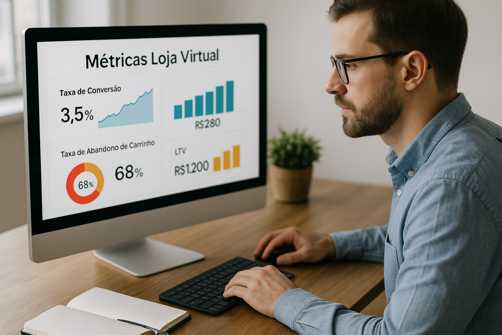 Gráfico ilustrativo mostrando as principais métricas de desempenho para lojas virtuais, incluindo taxa de conversão, ticket médio e LTV.