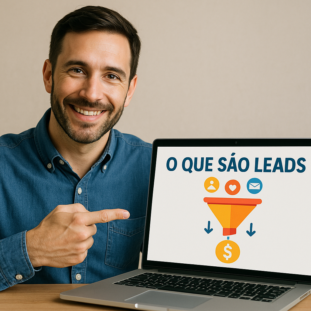 Homem sorrindo e apontando para a tela de um laptop que exibe um funil de vendas colorido, representando o conceito de o que são leads no marketing digital.