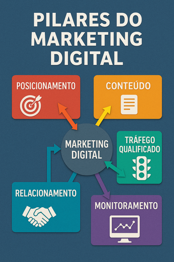 Representação visual dos 5 pilares do marketing digital: posicionamento, conteúdo, tráfego qualificado, relacionamento e monitoramento.